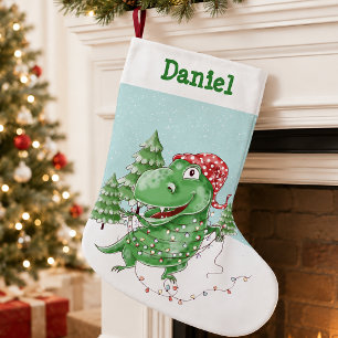 Calcetín Navideño Pequeño T Rex Dinosaur Tonto con Nombre Navidad