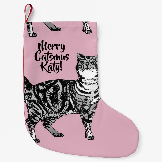 Calcetín Navideño Pequeño Tabby Cat Merry Catsmus Pink Christmas Stocking (Anverso)