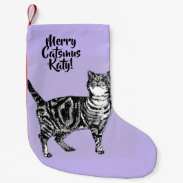 Calcetín Navideño Pequeño Tabby Cat Merry Catsmus Purple Christmas Stocking