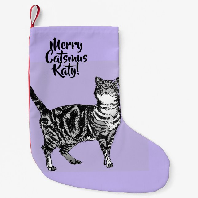 Calcetín Navideño Pequeño Tabby Cat Merry Catsmus Purple Christmas Stocking (Anverso)