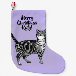 Calcetín Navideño Pequeño Tabby Cat Merry Christmas Purple lavender Stocking