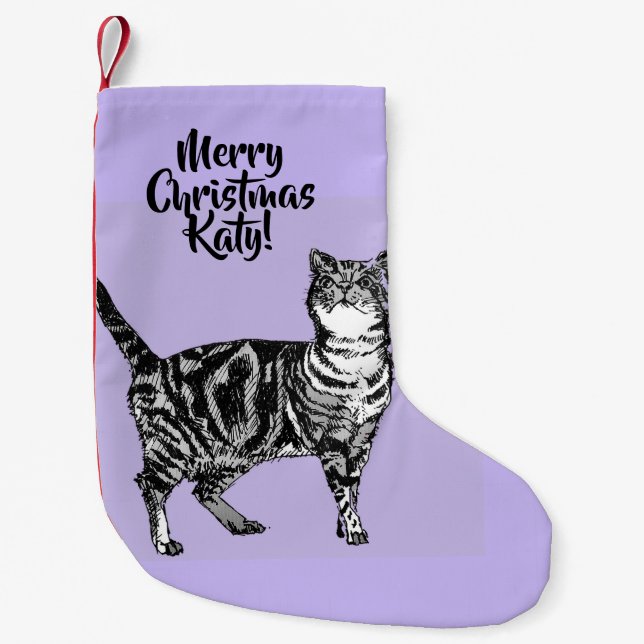 Calcetín Navideño Pequeño Tabby Cat Merry Christmas Purple lavender Stocking (Anverso)