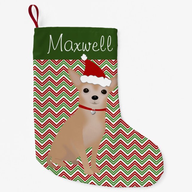 Calcetín Navideño Pequeño Tan Chihuahua personalizado con Santa Hat (Anverso)
