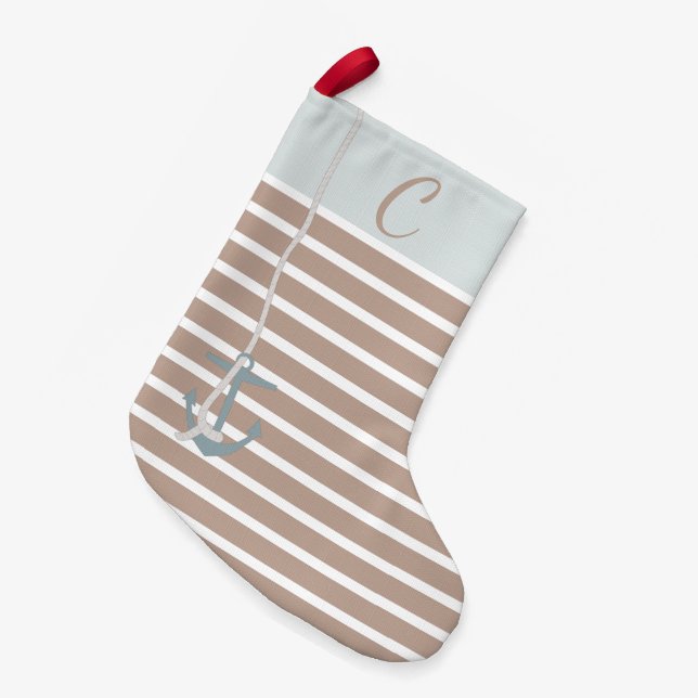 Calcetín Navideño Pequeño Tan náutico y azul gris personalizado (Frente (Colgado))
