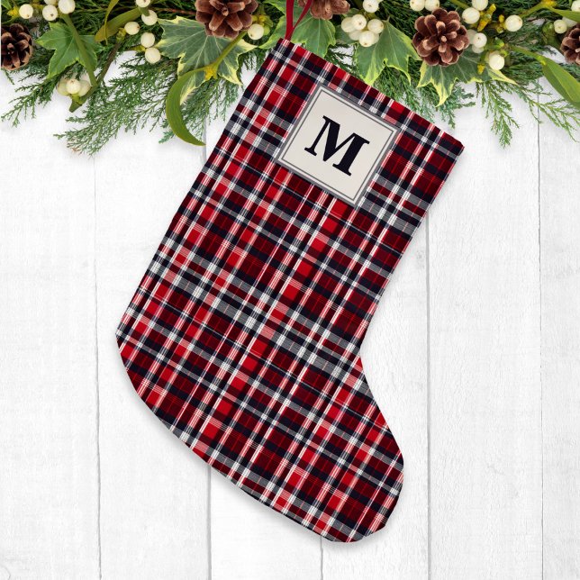 Calcetín Navideño Pequeño Tartán Check Patterned Stylish Festial Monogramado (An elegant monogrammed Christmas stocking, with tartan plaid pattern in red, gray and white)