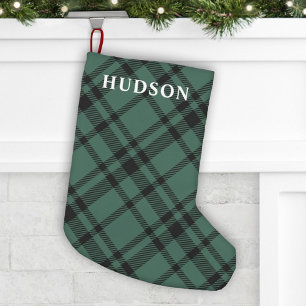 Calcetín Navideño Pequeño Tartan Plaid Verde Pino Nombre Personalizado