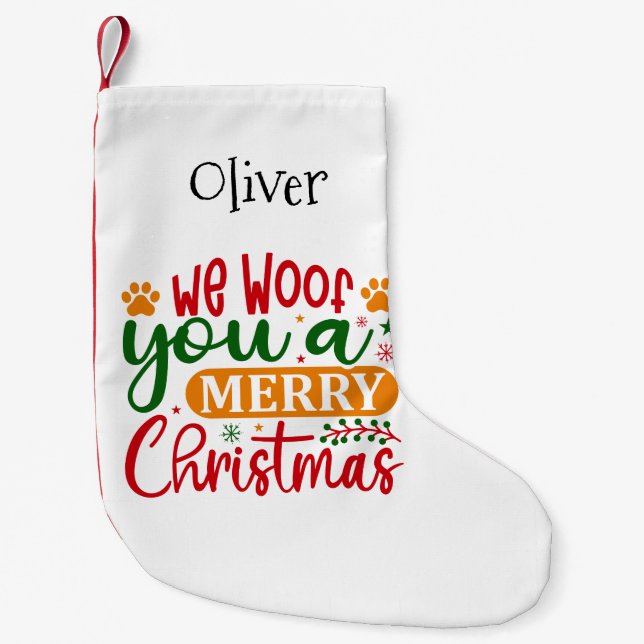 Calcetín Navideño Pequeño Te deseamos una feliz Navidad con pinturas de perr (Anverso)