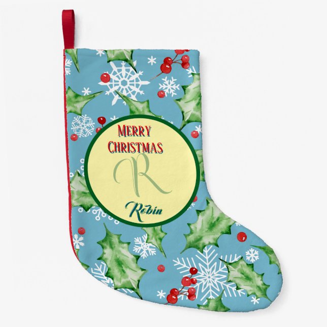 Calcetín Navideño Pequeño Teal Holiday Botanical Christmas Bells & Gifts (Anverso)