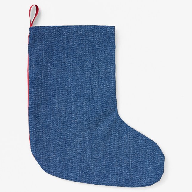 Calcetín Navideño Pequeño Tejido textil original azul moda jean denim (Anverso)
