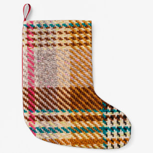 Calcetín Navideño Pequeño Tela de cuadros marrones con hilos de colores. Sco