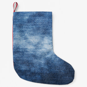 Calcetín Navideño Pequeño Tela de denim, fondo texturado.