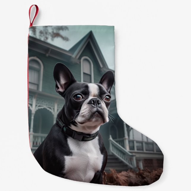Calcetín Navideño Pequeño Temeroso susto de Halloween en Boston Terrier (Anverso)