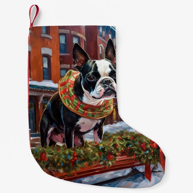 Calcetín Navideño Pequeño Temporada festiva de los Navidades Boston Terrier (Anverso)