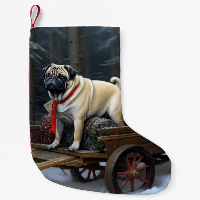 Calcetín Navideño Pequeño Temporada festiva de los Navidades Pug (Anverso)