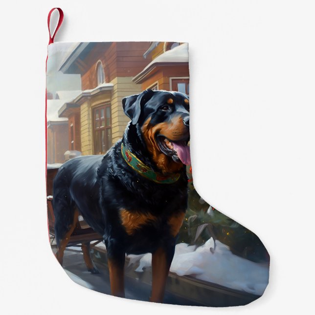 Calcetín Navideño Pequeño Temporada festiva de los Navidades Rottweiler (Anverso)