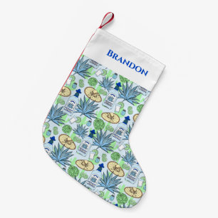 Calcetín Navideño Pequeño Tequila Drinker Divertido Azul Agave Cactus Patrón