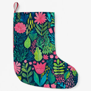 Calcetín Navideño Pequeño Textura acuarela con flores y plantas. Floral