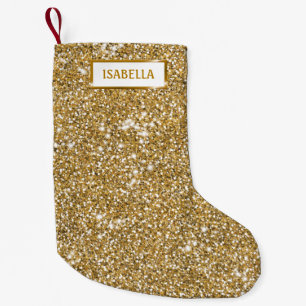 Calcetín Navideño Pequeño Textura de brillo dorado falso con nombre
