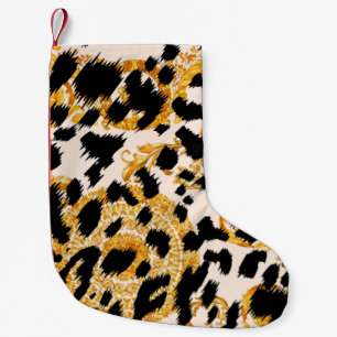 Calcetín Navideño Pequeño Textura de leopardo: patrón barroco dorado.