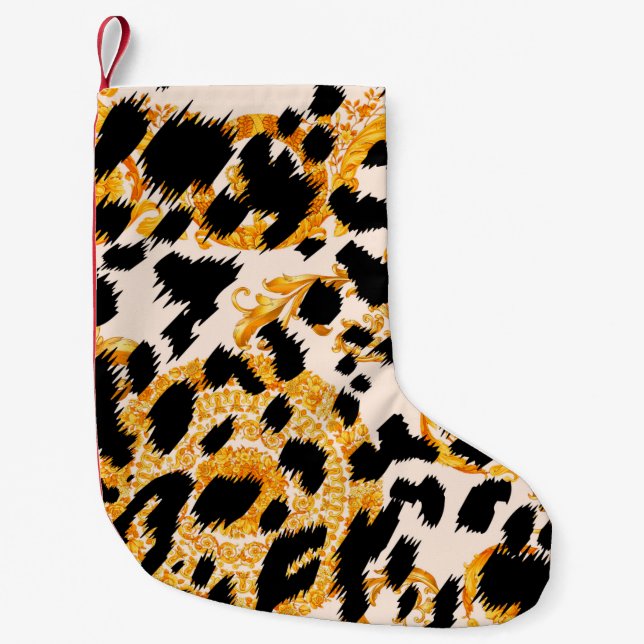 Calcetín Navideño Pequeño Textura leopardo con estampado barroco dorado (Anverso)