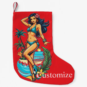 Calcetín Navideño Pequeño Thunder_Cove, Chica de playa de Bikini con pelo ne