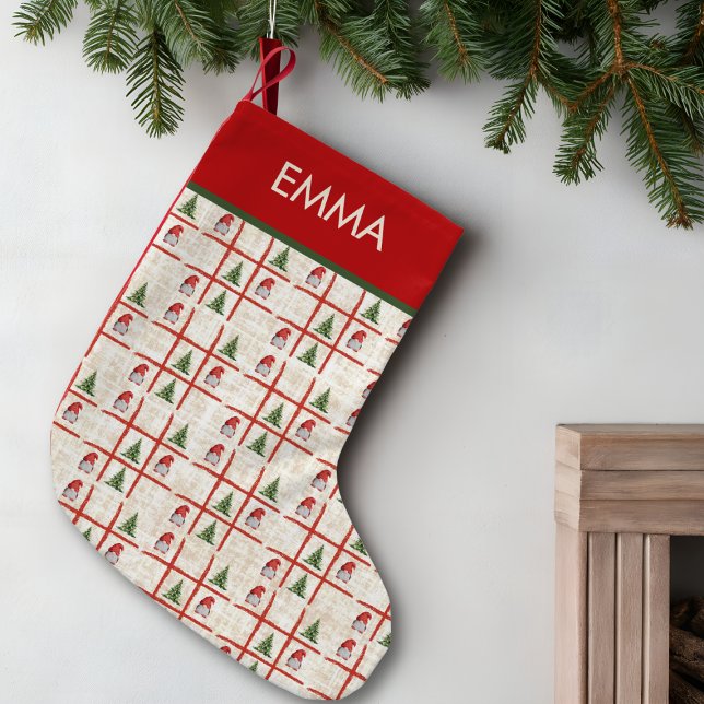 Calcetín Navideño Pequeño Tic Tac Toe Gnomes & Trees – Linen Christmas (Subido por el creador)