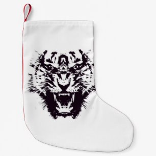 Calcetín Navideño Pequeño Tigre enojado dentado abstracto blanco y negro