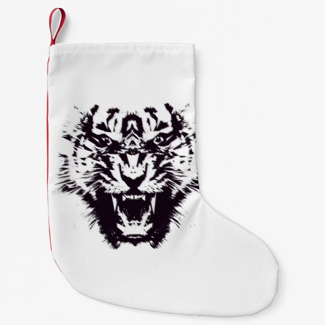 Calcetín Navideño Pequeño Tigre enojado dentado abstracto blanco y negro (Anverso)