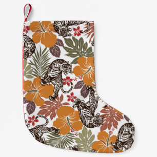 Calcetín Navideño Pequeño Tigre Hibiscus, Patrón Exótico.