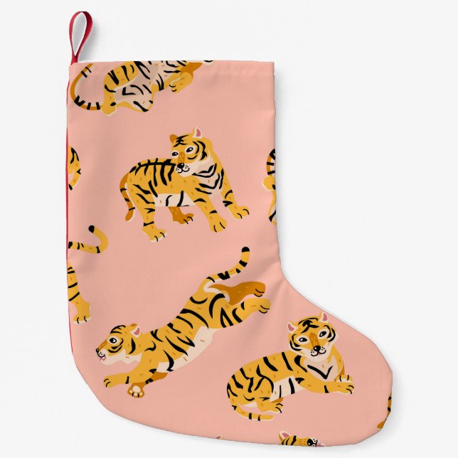 Calcetín Navideño Pequeño Tigres personalizados, patrón de cosecha rosada. (Anverso)