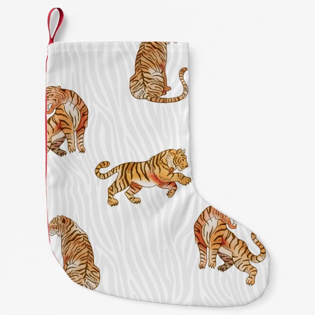 Calcetín Navideño Pequeño Tigres salvajes: Patrón animal acuarela. (Anverso)