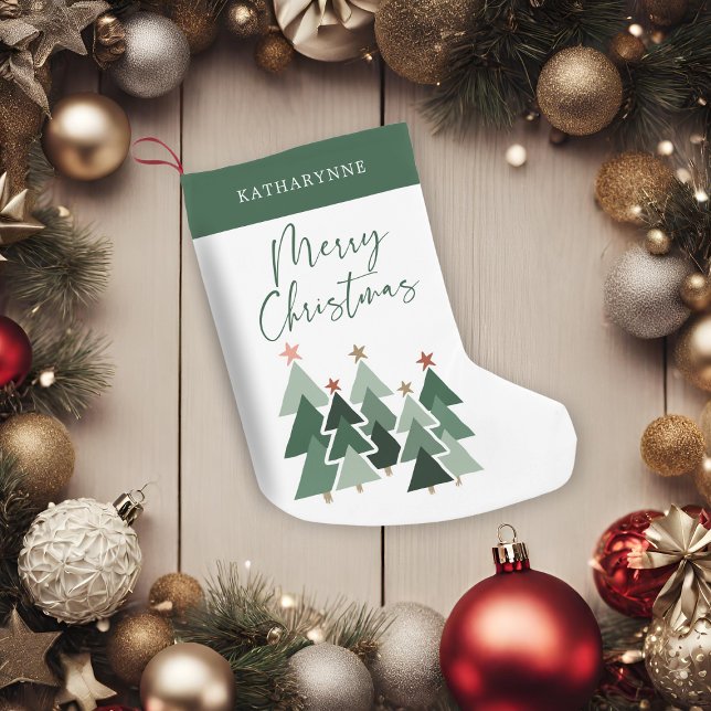 Calcetín Navideño Pequeño Típografía de árboles de navidad rústicos (Cute Rustic Christmas Trees Typography Small Christmas Stocking)