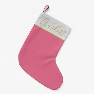 Calcetín Navideño Pequeño Tipografía moderna de escritura personalizada rosa