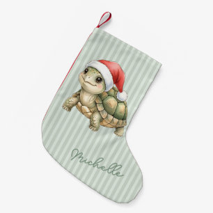 Calcetín Navideño Pequeño Tortuga de Navidad con sombrero de Santa en acuare