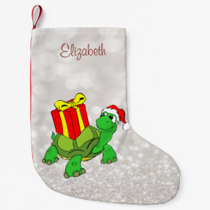 Calcetín Navideño Pequeño Tortuga linda con regalo de sombrero de Santa, Bok