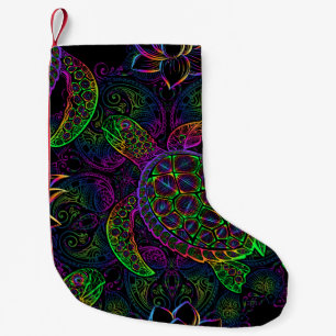 Calcetín Navideño Pequeño Tortuga marina en colores multicolor psicodélico