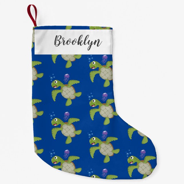 Calcetín Navideño Pequeño Tortuga marina verde suave feliz ilustracion perso (Anverso)