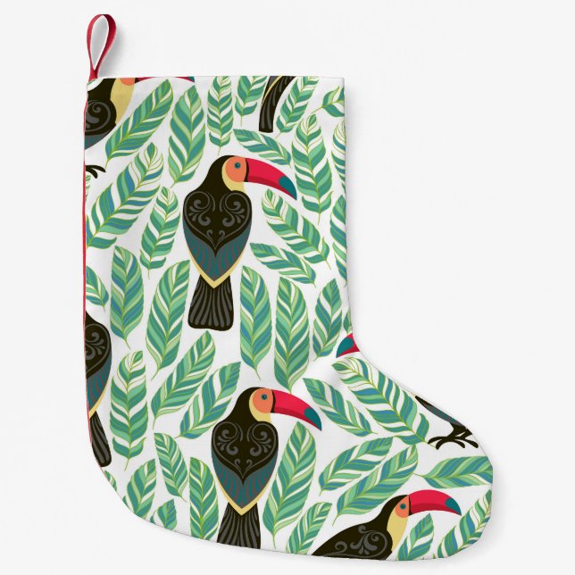 Calcetín Navideño Pequeño Toucans, hojas tropicales, patrón decorativo. (Anverso)