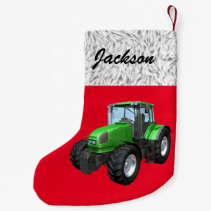 Calcetín Navideño Pequeño Tractor verde moderno personalizado en rojo