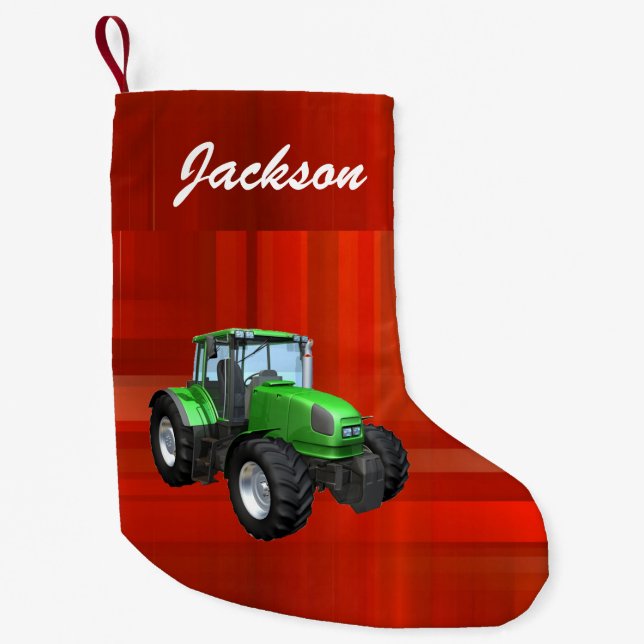 Calcetín Navideño Pequeño Tractor verde moderno personalizado en rojo (Anverso)