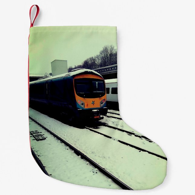 Calcetín Navideño Pequeño Tren amarillo y turquesa (Anverso)