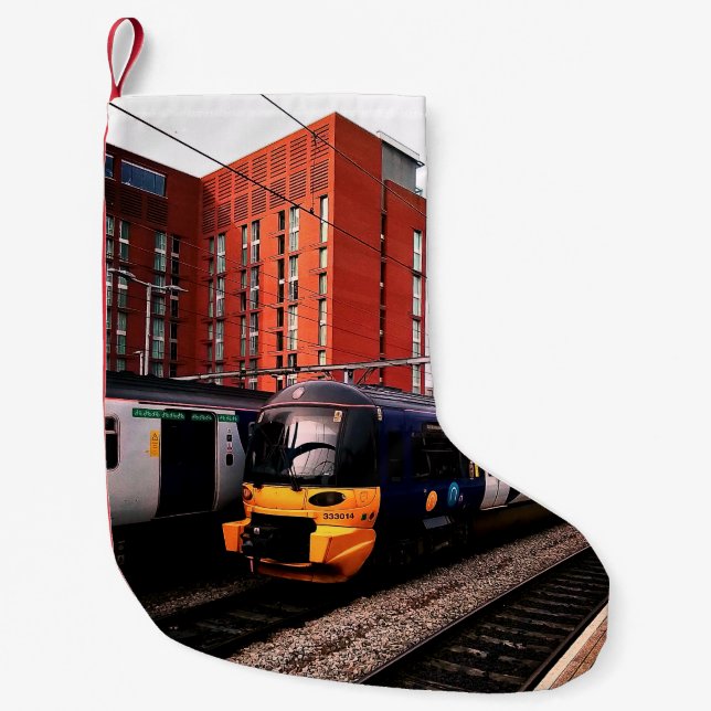 Calcetín Navideño Pequeño Tren azul y amarillo (Anverso)