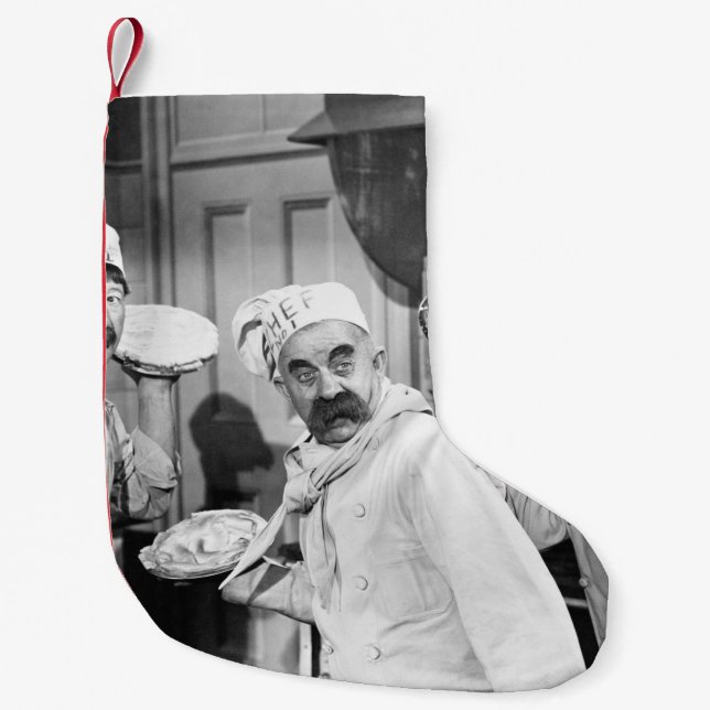 Calcetín Navideño Pequeño Tres chefs sostienen pasteles para una pelea en la (Anverso)