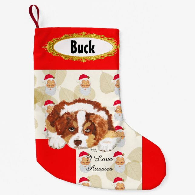 Calcetín Navideño Pequeño Tri media australiana roja del perrito w/Santa (Anverso)