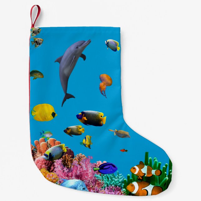 Calcetín Navideño Pequeño Tropical fish & dolphin blue Christmas stocking (Anverso)