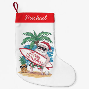 Calcetín Navideño Pequeño Tropical Palm Tree Beach Surfing