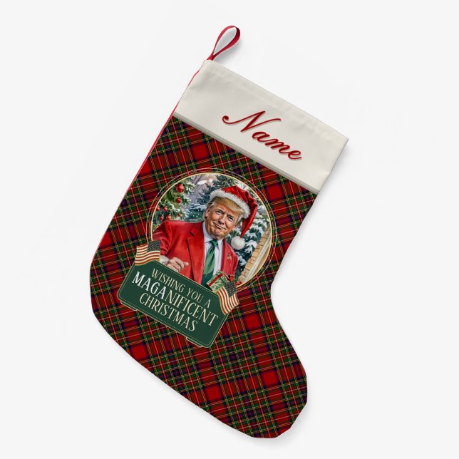 Calcetín Navideño Pequeño Trump MAGA Navidades Royal Stewart Tartan Plaid (Frente (Colgado))