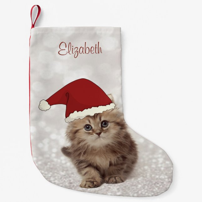 Calcetín Navideño Pequeño Un Gato Gracioso Con Sombrero Santa, Bokeh Purpuri (Anverso)