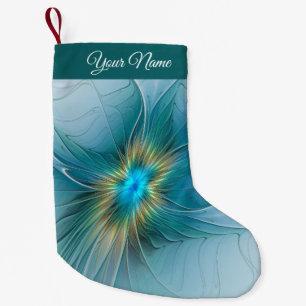 Calcetín Navideño Pequeño Un poco de arte fractal moderno azul dorado Nombre