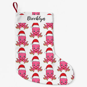Calcetín Navideño Pequeño Un pulpo alegre lindo usando Navidades gorra perso